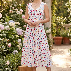 Vintage-Inspired Multi-Color Polka Dot A-Line Midi Dress Fun Rainbow Teacher